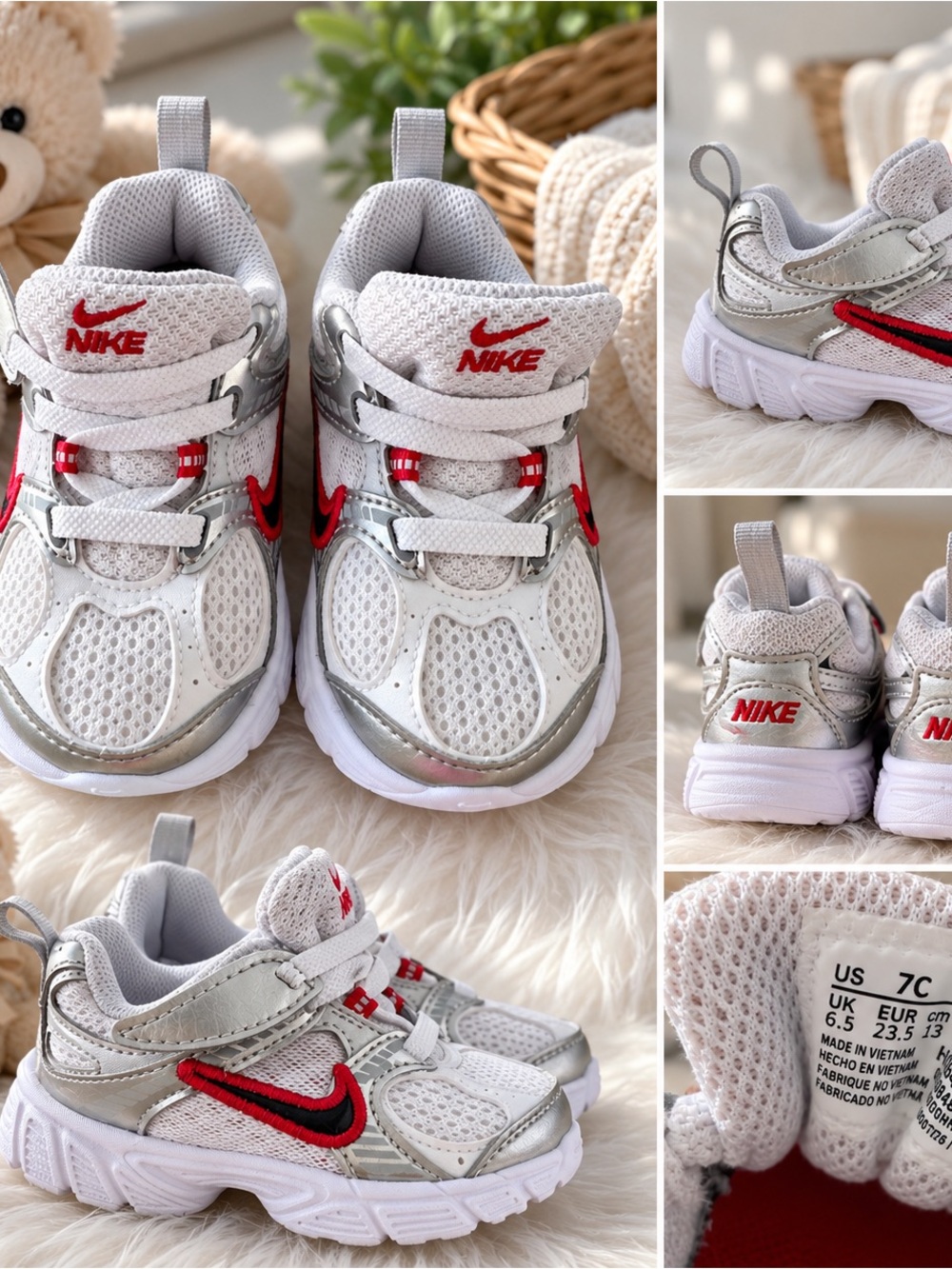 Nike White, Silver & Red Kids' Athletic Sneakers